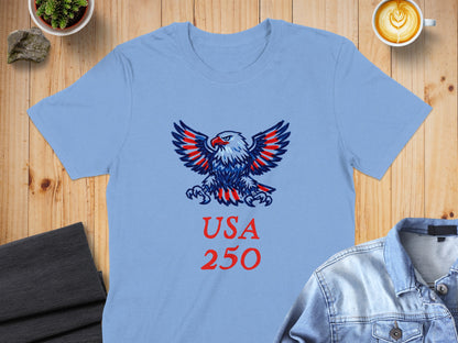 Light blue t-shirt with red, white, and blue eagle graphic and "USA 250" text.