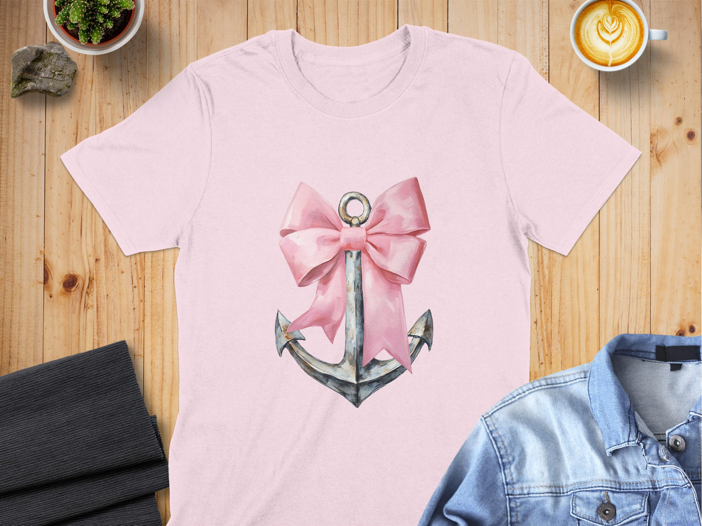 Nautical Anchor With Pink Bow Graphic on T-shirt Product
