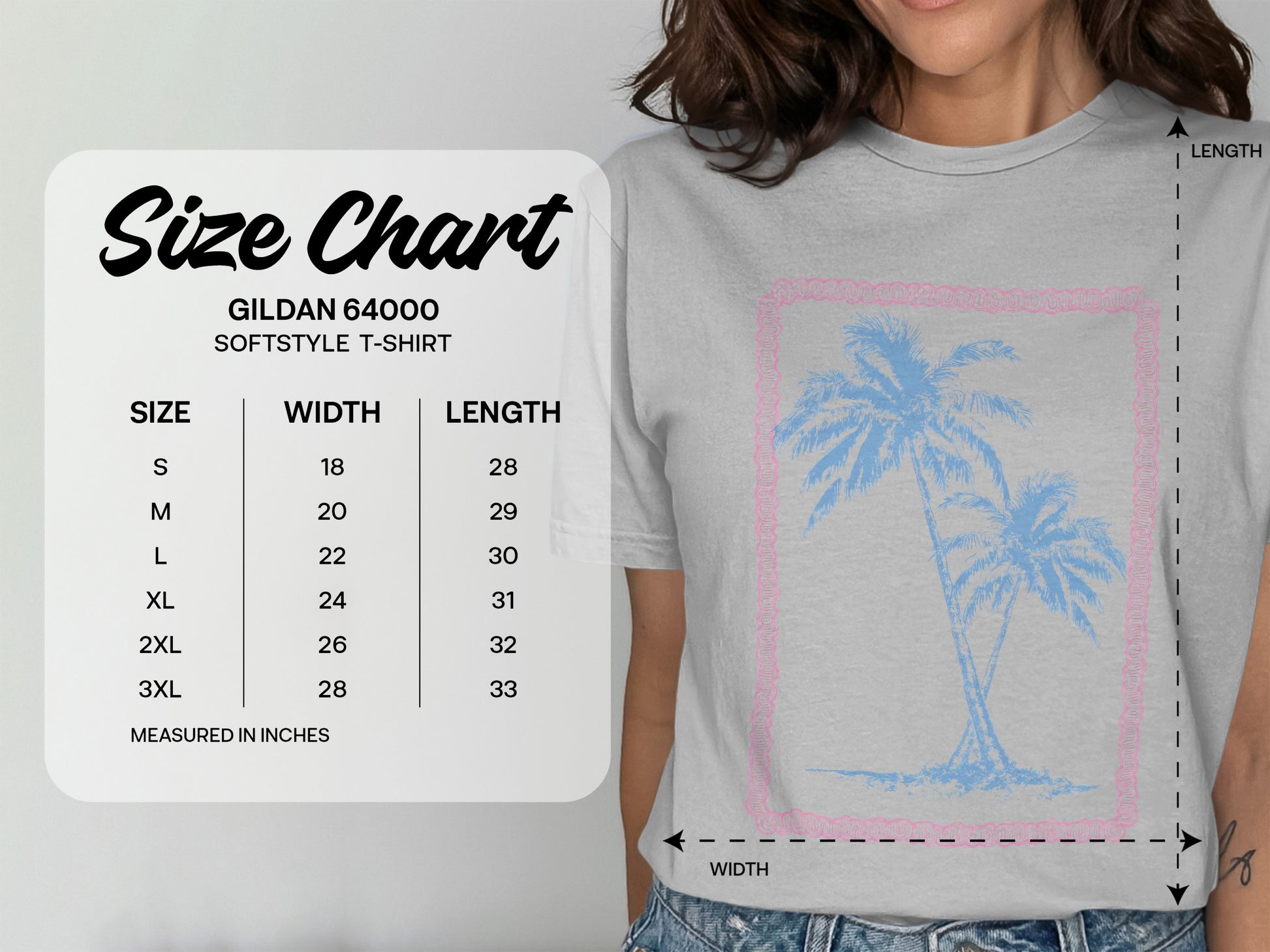 Gildan 64000 Softstyle T-shirt size chart with measurements in inches.
