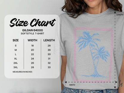 Gildan 64000 Softstyle T-shirt size chart with measurements in inches.