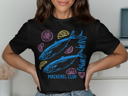 Black t-shirt with two blue fish, lemon slices, and "Mackerel Club" text.