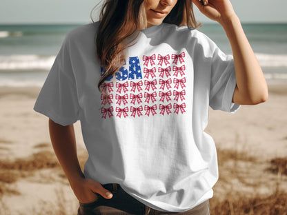 USA Flag and Red Bows Graphic Print Tee product