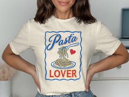 Cream t-shirt with "Pasta Lover" and pasta on a fork.