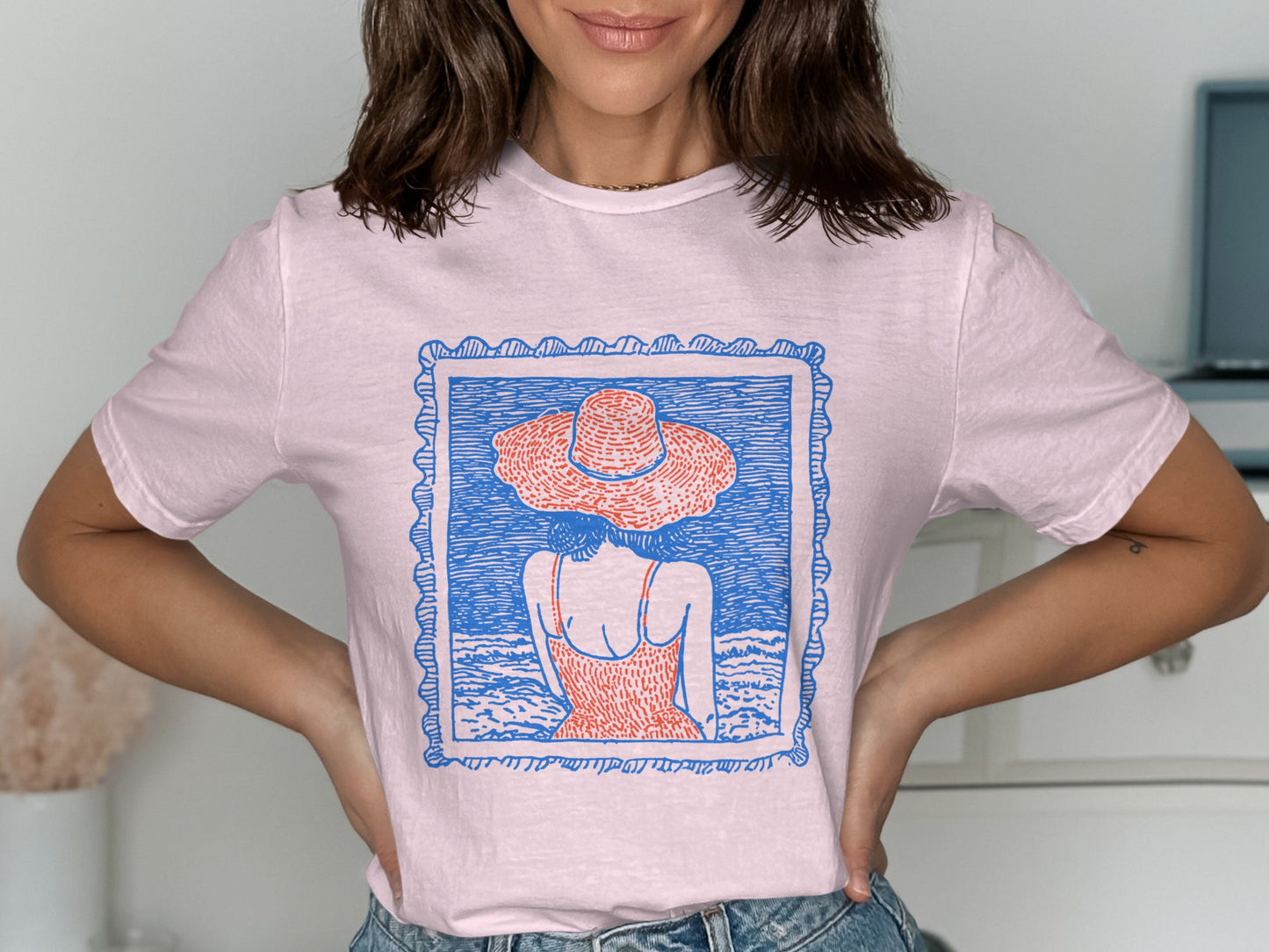 Woman with Hat Beach Art Graphic Tee product
