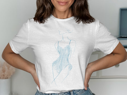White t-shirt with a blue line drawing of a corset.