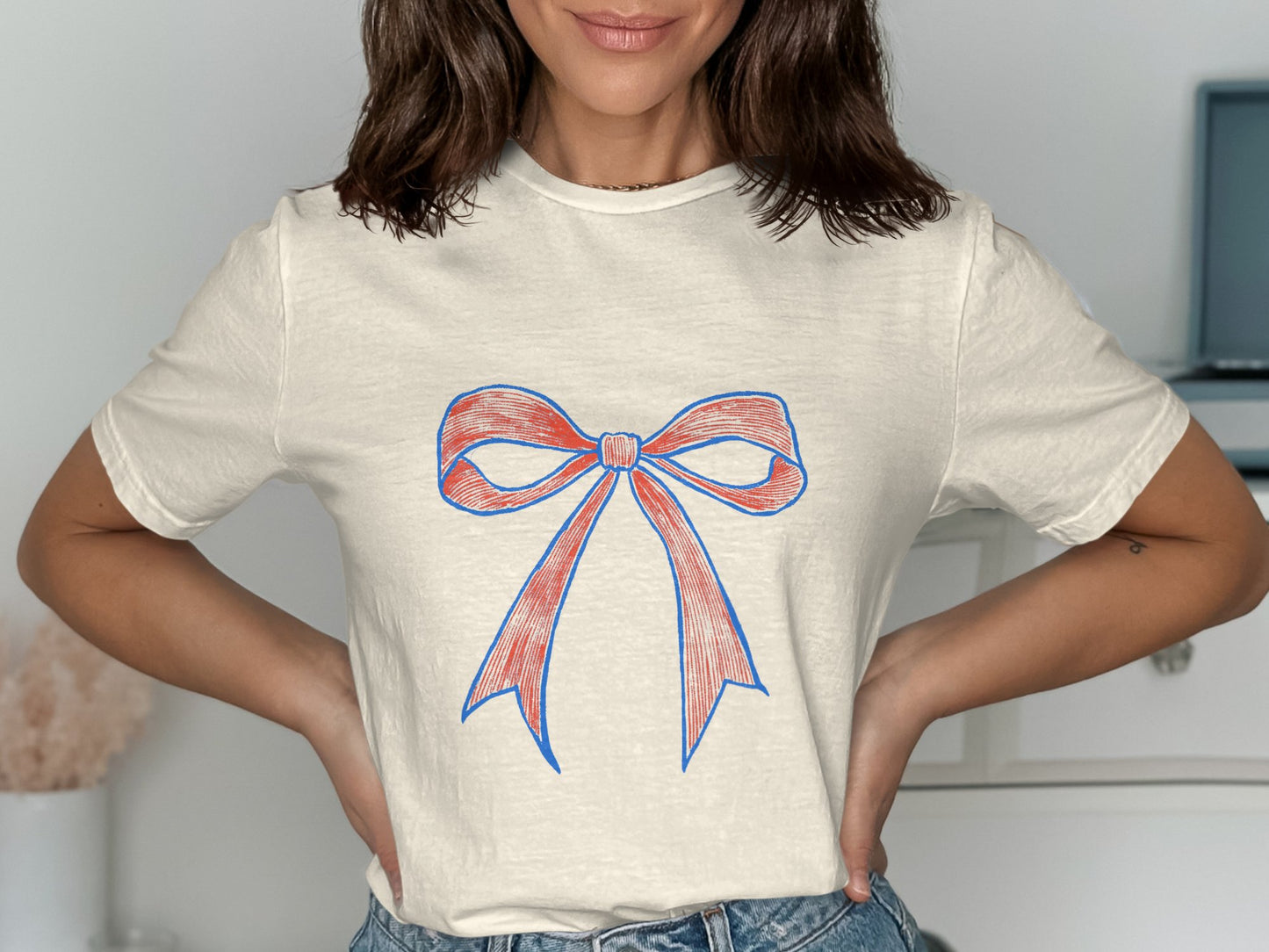 Blue and Red Bow Graphic Design T-shirt product type