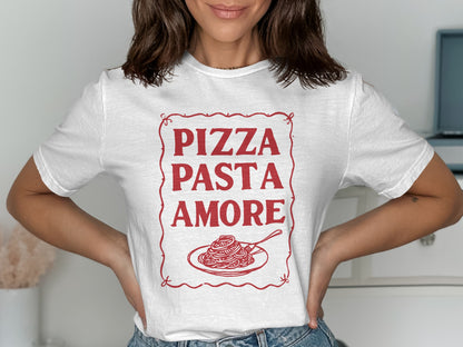White t-shirt with red text "PIZZA PASTA AMORE" and pasta illustration.