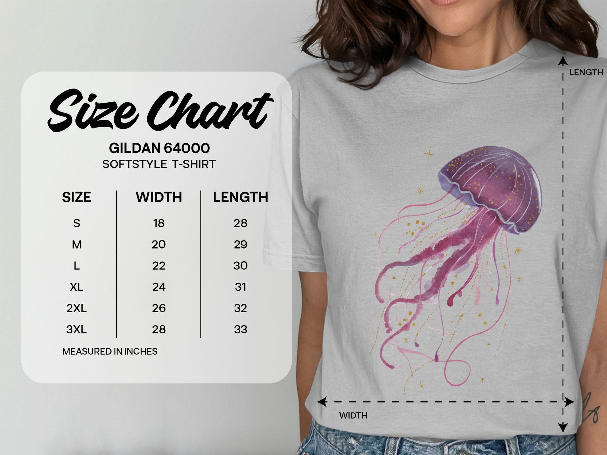 Gildan 64000 Softstyle T-shirt size chart with width and length measurements.