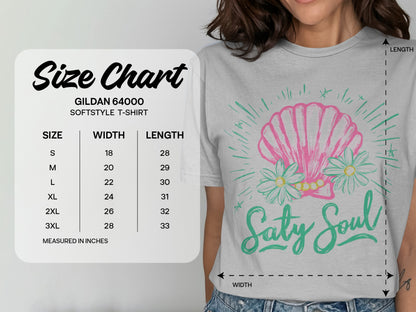 Gildan 64000 softstyle t-shirt size chart with measurements in inches.