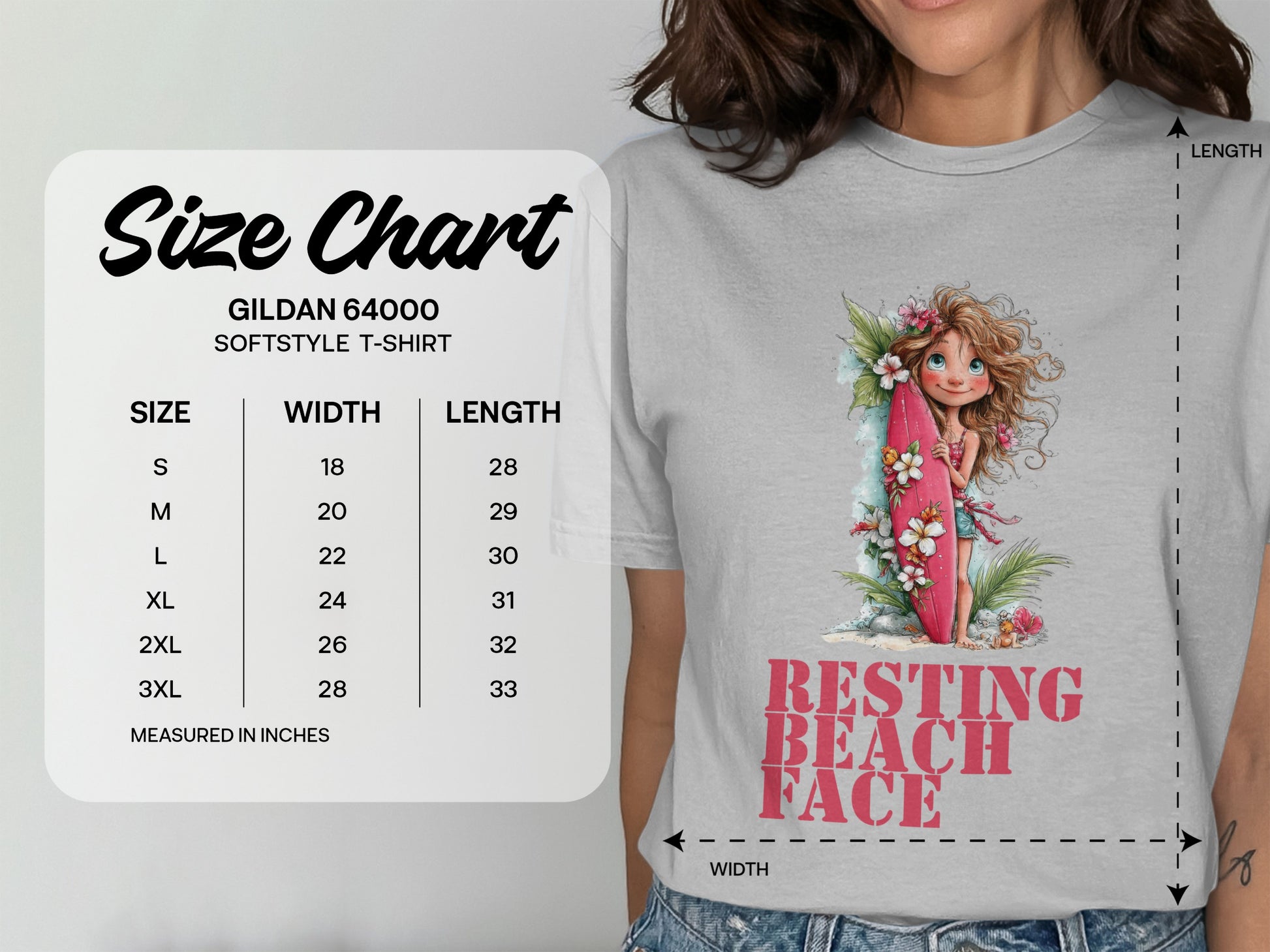 Gildan 64000 softstyle t-shirt size chart with "Resting Beach Face" graphic.
