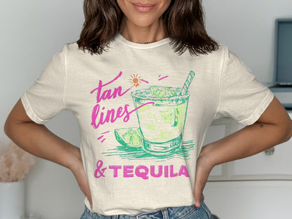 T-shirt with "Tan Lines & Tequila" text and margarita graphic.