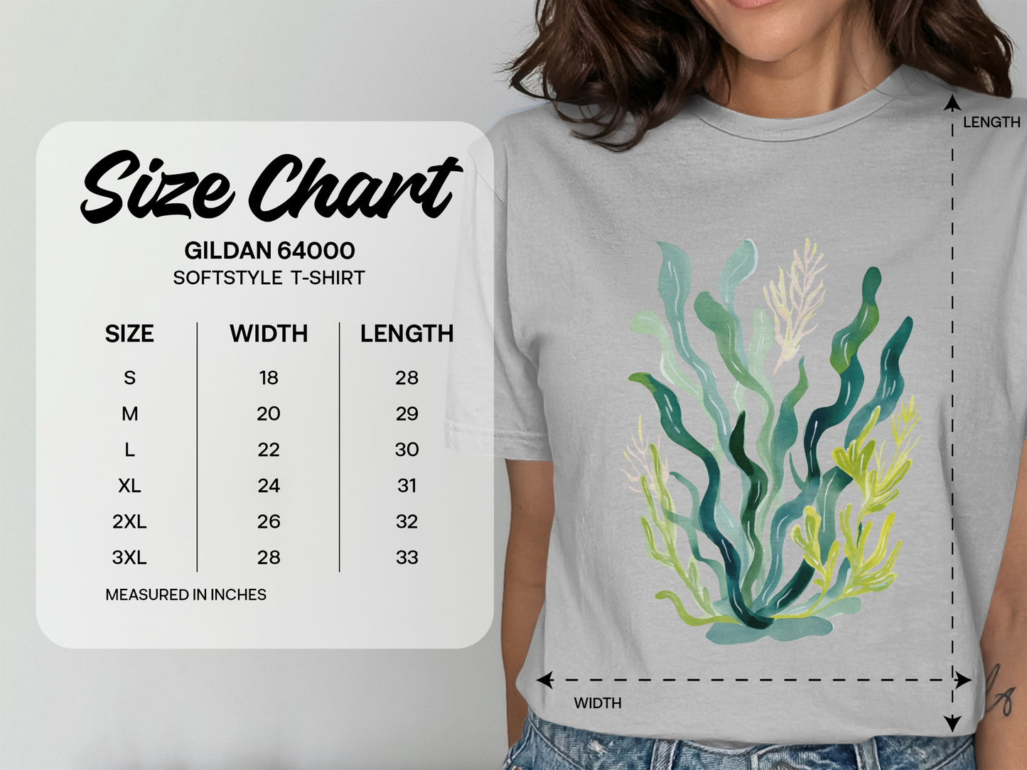 Gildan 64000 softstyle t-shirt size chart with measurements in inches.