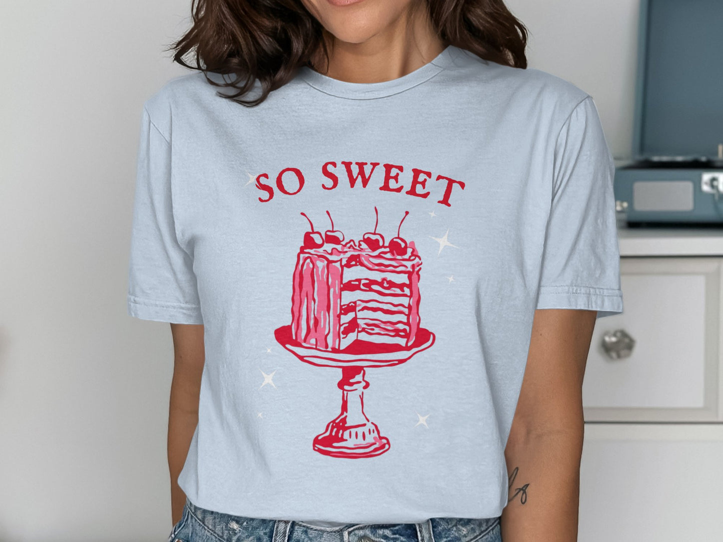 SO SWEET Cake Print Design Shown on T-Shirt product type