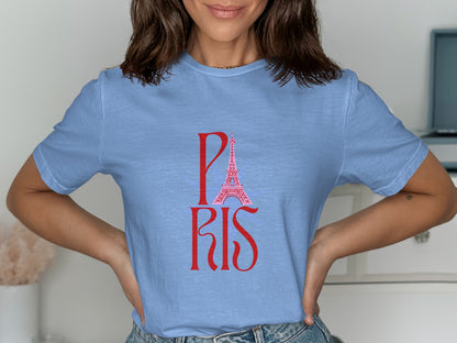 Blue t-shirt with red "PARIS" text and Eiffel Tower graphic.