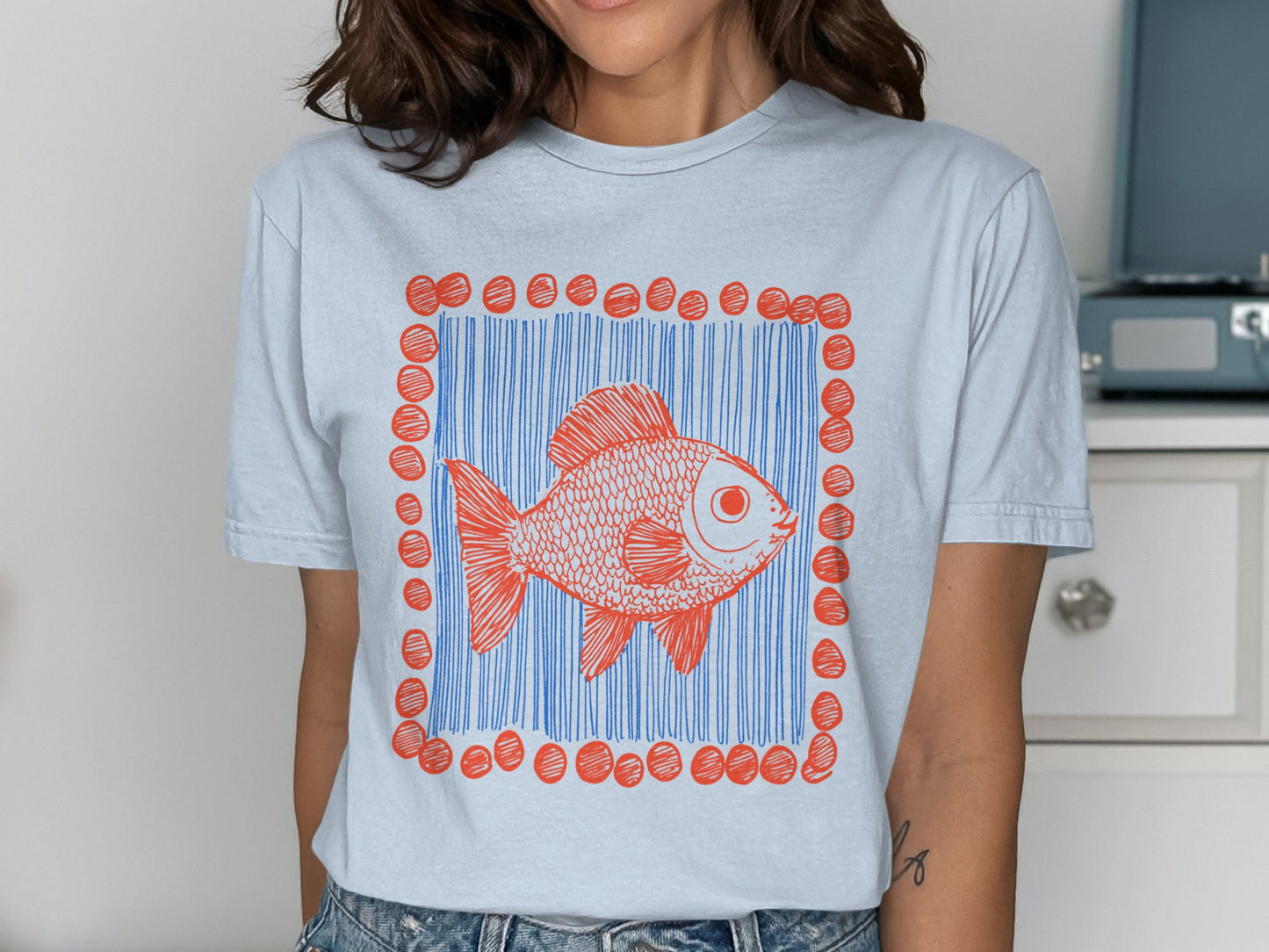 Fish Drawing Surrounded by Red Bubbles Graphic T-Shirt product type