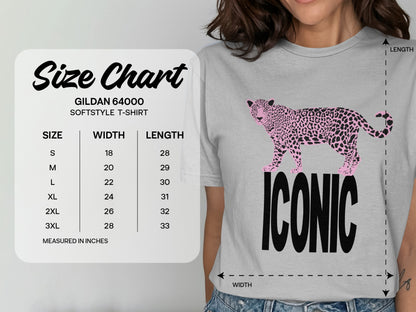 Gildan 64000 t-shirt size chart with a pink leopard and "ICONIC" text.