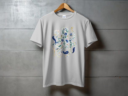 Grey t-shirt with a floral octopus graphic in blue and gold.