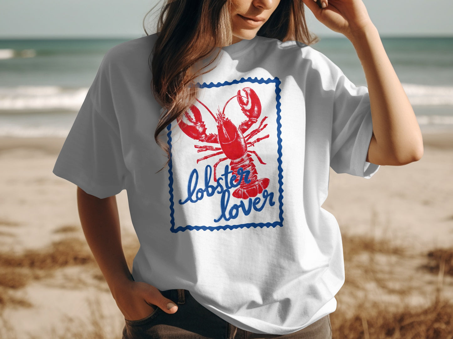 White t-shirt with red lobster and "lobster lover" text.