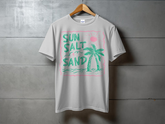 Light gray t-shirt with green "sun sand" text and palm tree graphic.