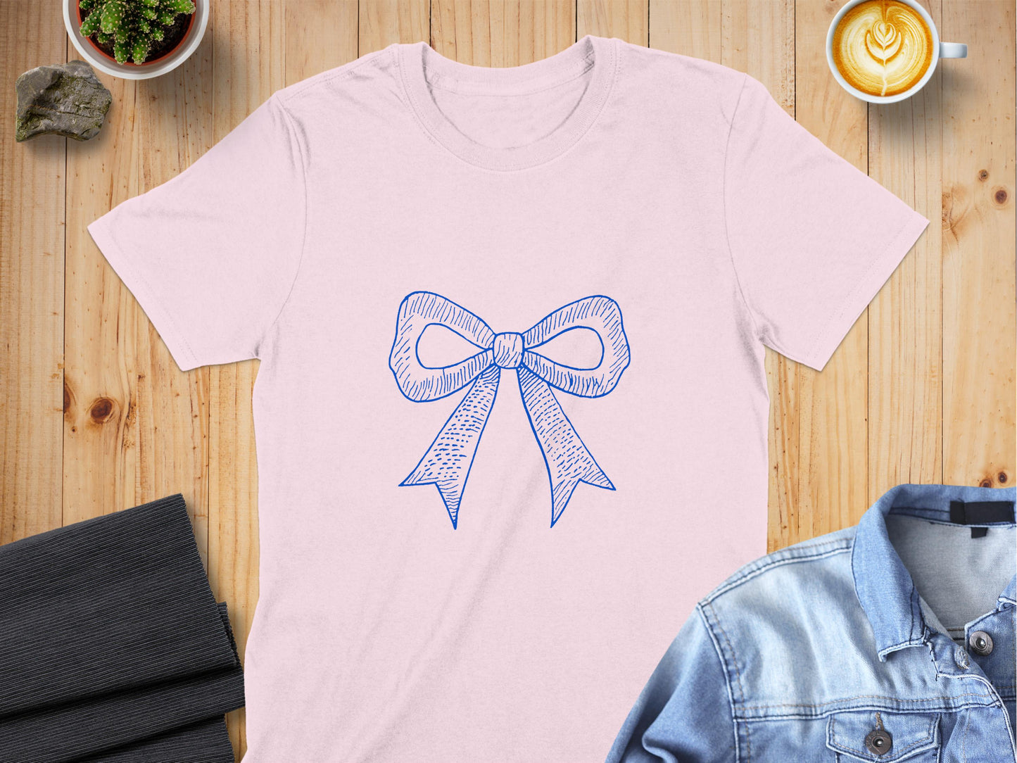 Blue Bow Illustration on Light Pink T-Shirt product type