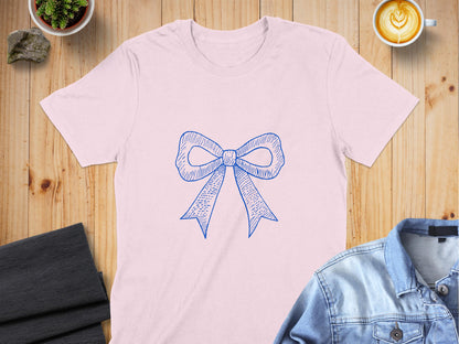 Blue Bow Illustration on Light Pink T-Shirt product type