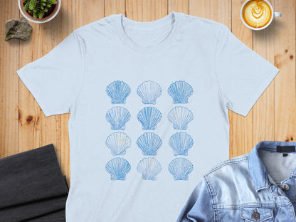 Light blue t-shirt with a repeating pattern of light blue seashells.