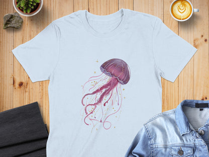 Light blue t-shirt with a purple jellyfish graphic and gold accents.