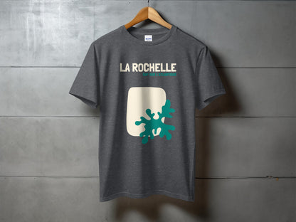 Dark grey t-shirt with cream square and teal abstract design.