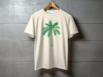 Cream t-shirt with a watercolor palm tree graphic on the front.