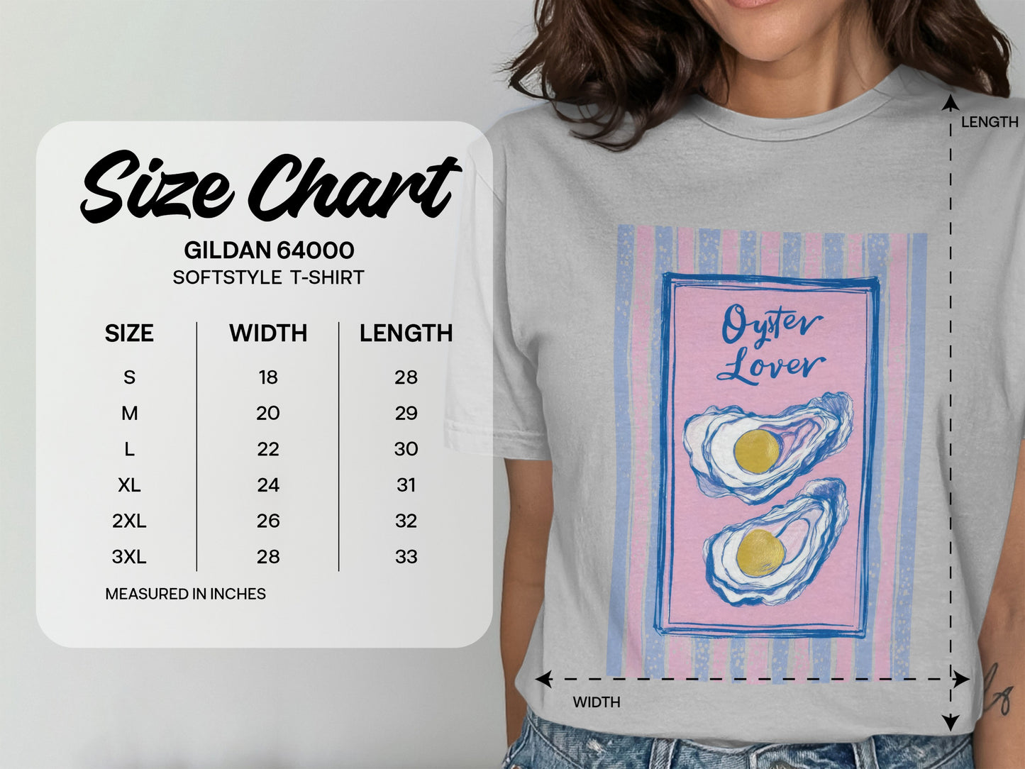Gildan 64000 size chart with t-shirt measurements in inches.