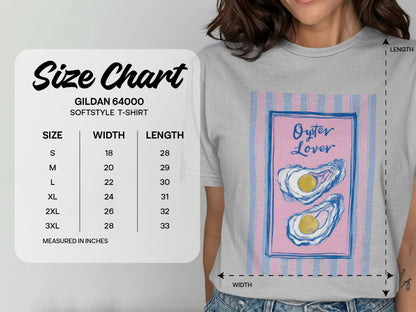 Gildan 64000 size chart with t-shirt measurements in inches.