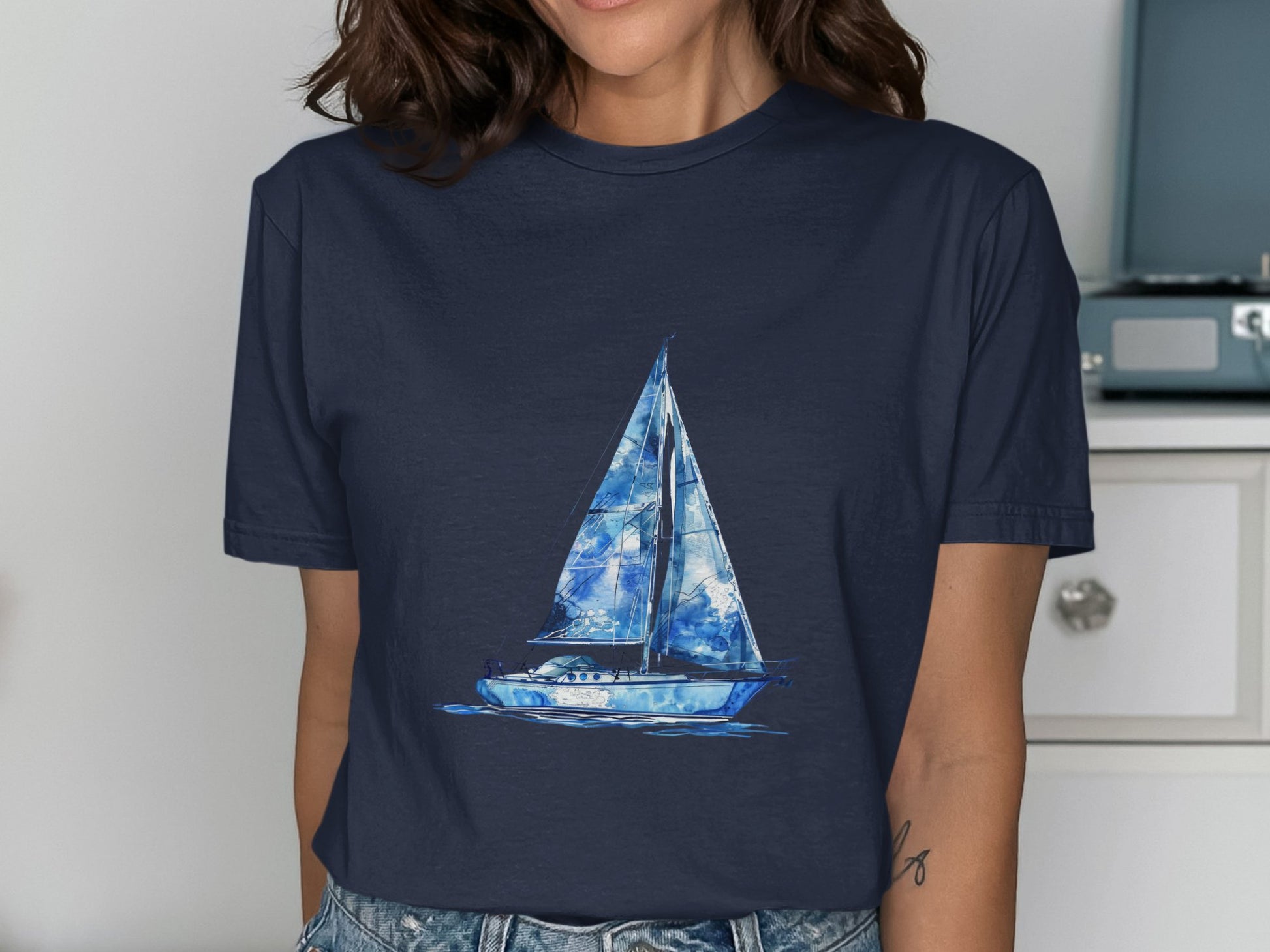 Artistic Sailboat Graphic on Navy Blue T-Shirt product