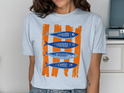 Four stylized blue fish swim left on a background of orange vertical stripes.
