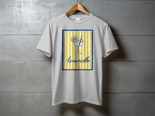 White t-shirt with yellow and blue striped frame and limoncello glass graphic.