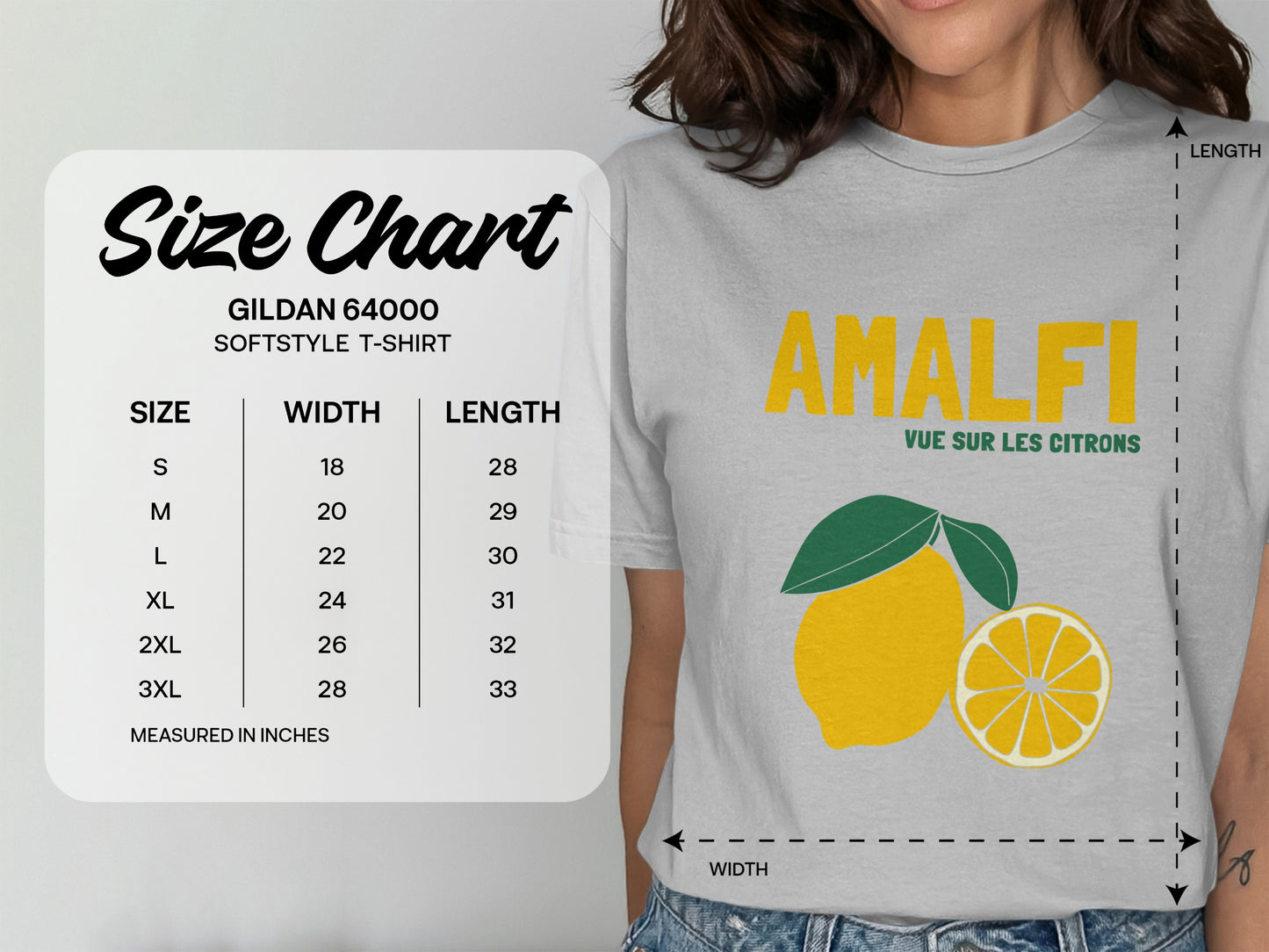 Gildan 64000 t-shirt size chart with Amalfi graphic.