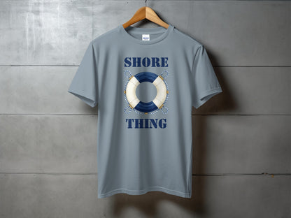 Blue t-shirt with "Shore Thing" and a life preserver graphic.