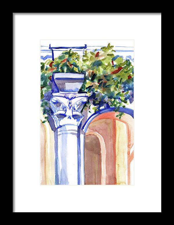 Ancient column on a background of leaves. Watercolor nature planair illuastration. - Framed Print