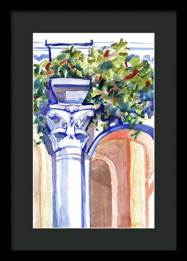 Ancient column on a background of leaves. Watercolor nature planair illuastration. - Framed Print