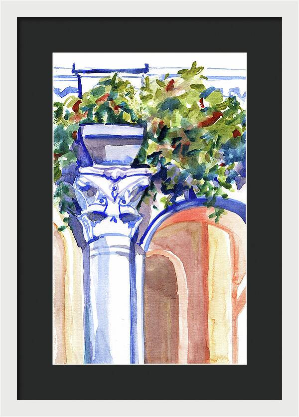 Ancient column on a background of leaves. Watercolor nature planair illuastration. - Framed Print