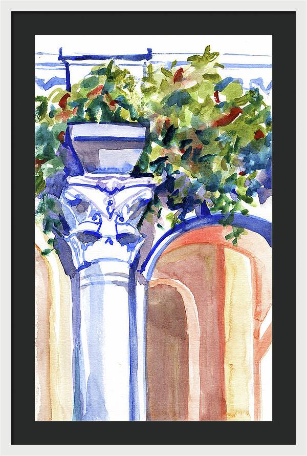 Ancient column on a background of leaves. Watercolor nature planair illuastration. - Framed Print