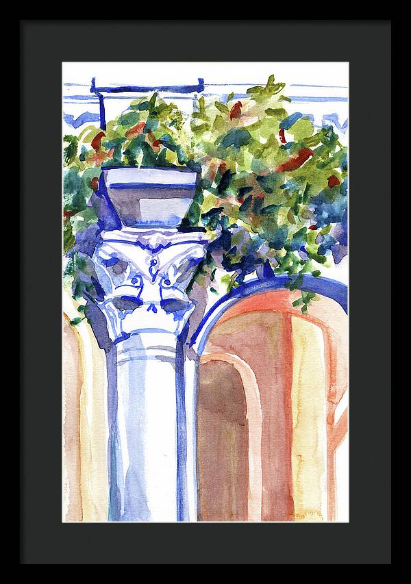 Ancient column on a background of leaves. Watercolor nature planair illuastration. - Framed Print