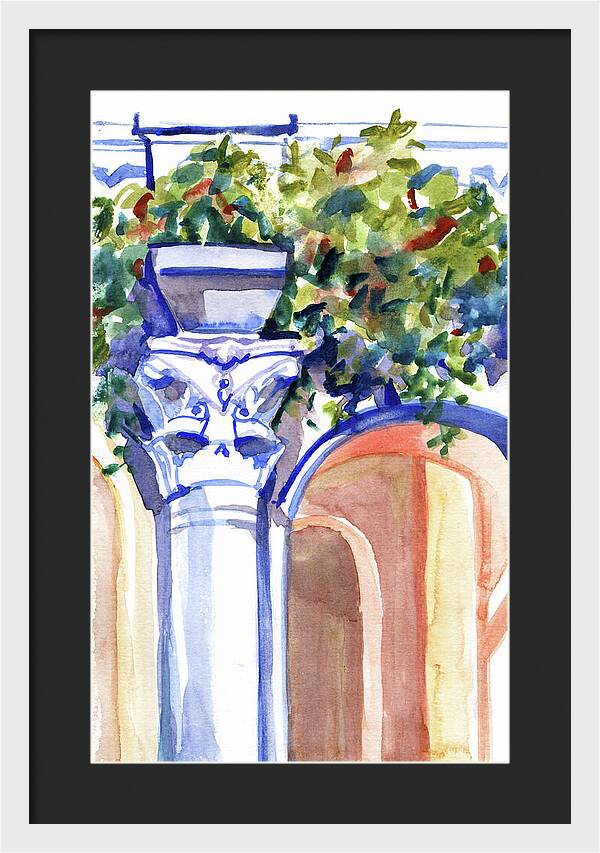 Ancient column on a background of leaves. Watercolor nature planair illuastration. - Framed Print