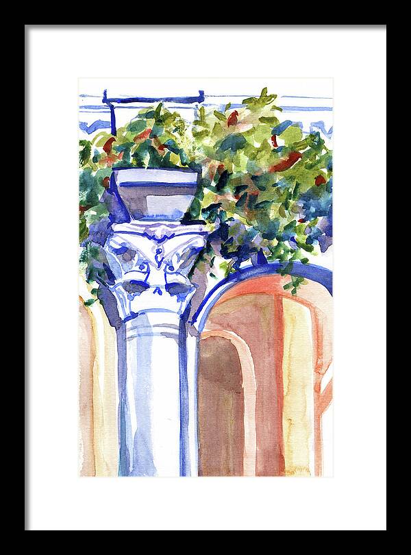 Ancient column on a background of leaves. Watercolor nature planair illuastration. - Framed Print