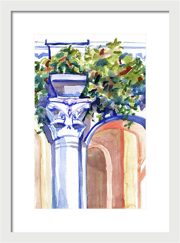 Ancient column on a background of leaves. Watercolor nature planair illuastration. - Framed Print