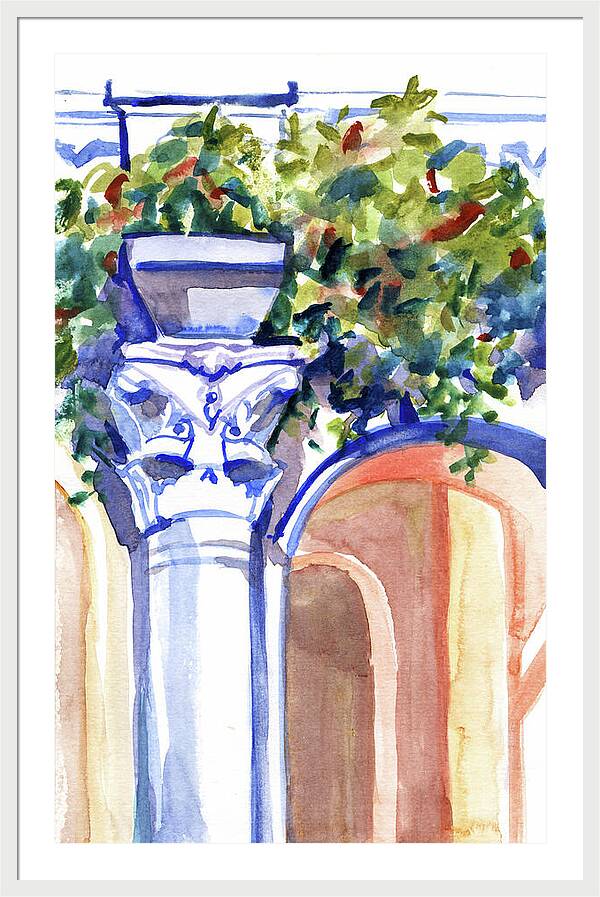 Ancient column on a background of leaves. Watercolor nature planair illuastration. - Framed Print