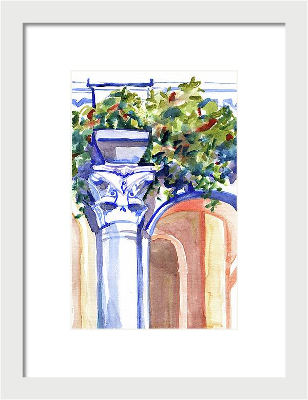 Ancient column on a background of leaves. Watercolor nature planair illuastration. - Framed Print