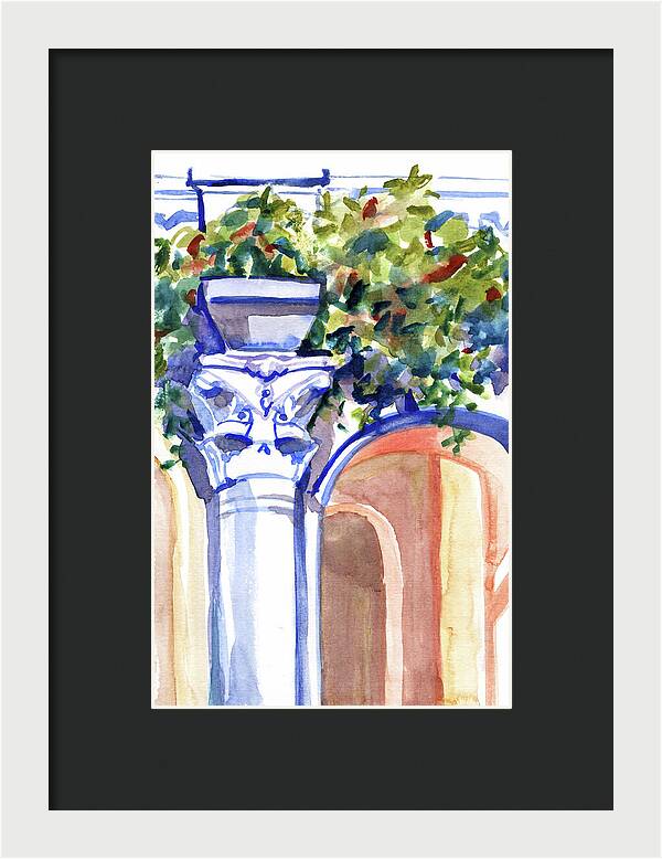 Ancient column on a background of leaves. Watercolor nature planair illuastration. - Framed Print