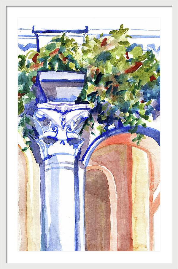 Ancient column on a background of leaves. Watercolor nature planair illuastration. - Framed Print