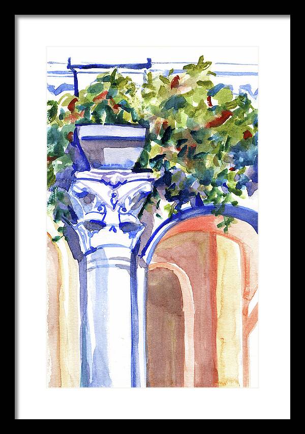 Ancient column on a background of leaves. Watercolor nature planair illuastration. - Framed Print
