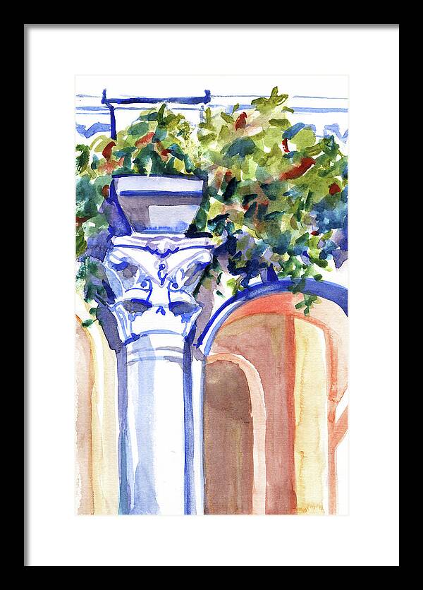 Ancient column on a background of leaves. Watercolor nature planair illuastration. - Framed Print